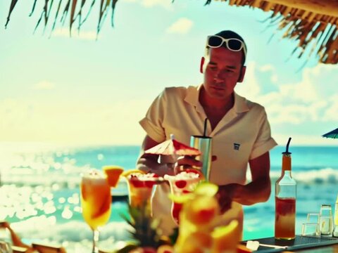 Enjoy the vibrant atmosphere as mixed drinks are made at a cozy beachside bar with ocean views during sunset