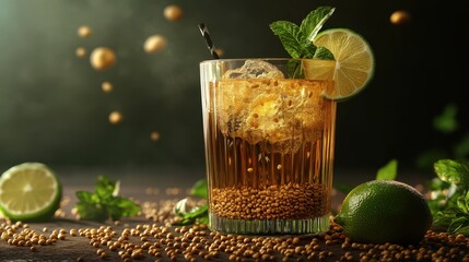 A refreshing drink made with sabja seeds, garnished with mint and lime with glowing accents