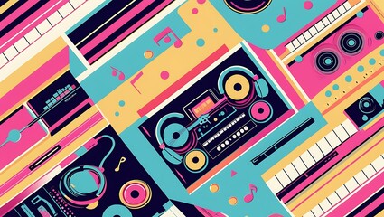 Obraz premium Vibrant Retro Music Pattern Cassette Tapes, Headphones, and Keyboards