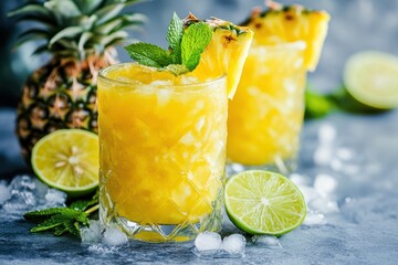 Fototapeta premium Refreshing Pineapple Lemonade: Chilled Summer Beverage with Mint and Crushed Ice in Glasses