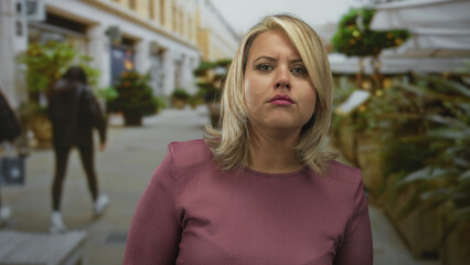 Woman stands with neutral face, blonde hair and magenta blouse on street in bright daylight;...