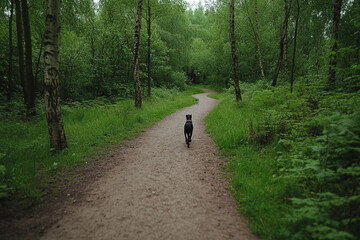 Pathway through a vibrant forest with a dog walking ahead