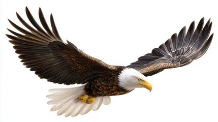 Obraz premium A majestic eagle soars gracefully with its wings fully spread, showcasing intricate feather details, This image is ideal for nature websites, wildlife conservation materials, or educational content,