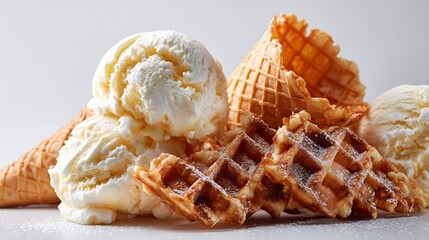 Sweet treats like ice cream cones and waffles. Tasty street food and snacks. Simple pictures on a white background.