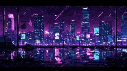 A vibrant, pixelated city skyline at night, reflected in a still body of water.