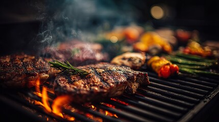 Tasty grilled meat and veggies cooking over hot coals on a BBQ.