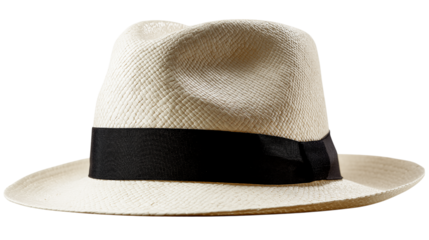 Classic straw fedora hat with black ribbon band isolated on transparent background