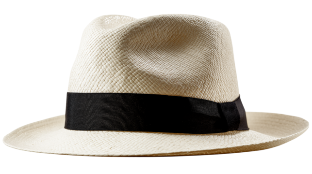 Classic straw fedora hat with black ribbon band isolated on transparent background