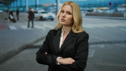 Fototapeta premium Young blonde woman in a black jacket standing confidently on a busy city street, with an urban backdrop of people and cars.