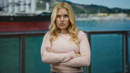 Woman standing on cruise ship deck with arms crossed looking serious against a backdrop of the...