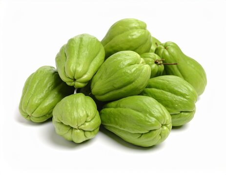 Crisp green chayotes with subtle ridges, grouped naturally on a white backdrop