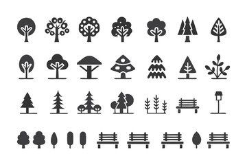 Minimalist Black Vector Silhouette Icon Set for Nature and Park Elements