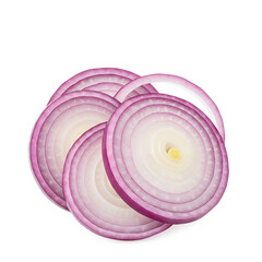 Sliced red onions in a stack on a white background  
