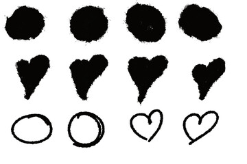 Various black shapes including circles and hearts are isolated on transparent background