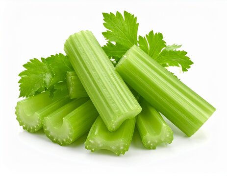 Fresh celery stalks with crisp edges and leafy tops, clean and neatly arranged