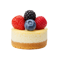 Mini cheesecake topped with assorted berries on white background  