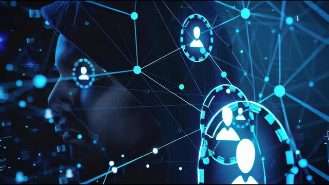 Social Engineering Breach Visualization: Hooded Figure Merges with Network Graph and Phishing Hooks Targeting User Nodes