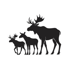 Moose Family With Calf In Silhouette