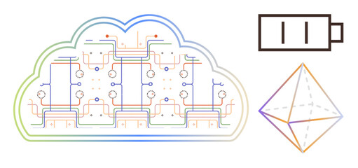 Cloud structure displaying a detailed digital network, battery icon symbolizing energy, and geometric shape reflecting innovation. Ideal for technology, energy storage, digital transformation, cloud