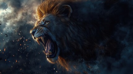 A roaring lion captured in mid-roar, exuding strength and majesty during festive season