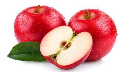 Apple isolated png. Red apple and half with leaf on white background. Red apples Full depth of field