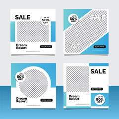 Resort Sale Social Media Post Template – Dream Vacation Promotion with Up to 50% Off – Editable Travel Banner Layout for Instagram & Facebook