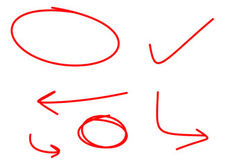 Red hand drawn arrows, circles, and check mark isolated on transparent background
