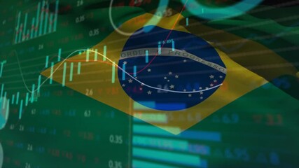 When Brazilian flag appearing, candlesticks rising and line oscillating visualizing market trends - Powered by Adobe