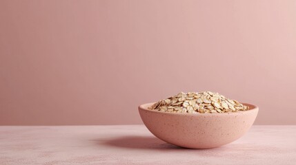 A rustic table setting showcasing a hearty bowl of oats. Pink background, during festive season