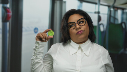 Woman holds bitcoin on bus showcasing cryptocurrency in urban setting with a thoughtful expression...