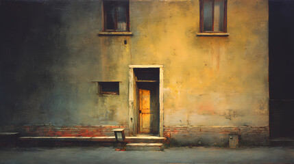 album cover for minimalist jazz | urban alienation | nostalgic quiet | washed-out yellow and rust | still-life staging | window reflections | subtle edge fading | understated detailing | urban