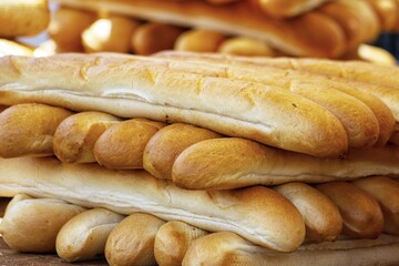 Long and thin bakery, French baguettes, close up.