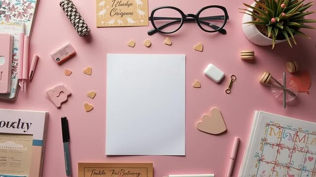 Pink Stationery Flat Lay with Blank Paper, Feminine Workspace Mockup with Accessories