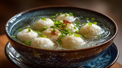 Delicious fish ball soup with glass noodles and green onions, a culinary delight served in a beautiful patterned bowl.