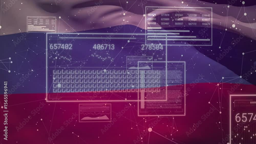 Poster Grid appearing panels floating updating counters and sliding charts visualizing data over backdrop