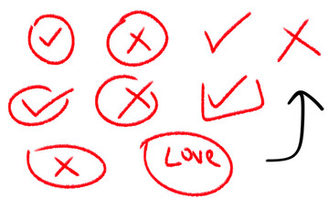Hand drawn check marks, crosses, an arrow, and the word love are isolated on transparent background