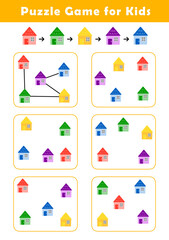 Connect houses according to the example provided. Pre-Writing Worksheet for Toddlers. Puzzle Game for Children. Preschool Worksheet Activity for Kids. Educational Game.