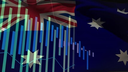 Australian flag filling starting bars emerging, growing while line graph updating visualizing data - Powered by Adobe