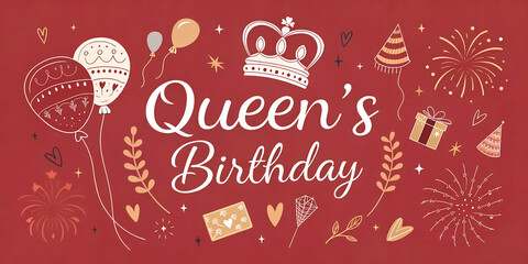 Queen&rsquo;s Birthday  card Celebration Illustration &ndash; Script Text with Balloons, Fireworks, and Gifts on Red Background