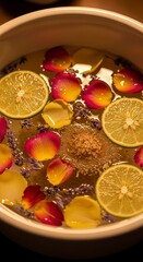 A bowl filled with water, floating lemon slices, colorful rose petals, lavender sprigs, and a mound of brown sugar in the center.