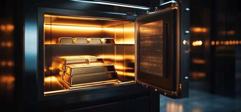 Illuminated Gold Bars Securely Stored in a Modern Vault