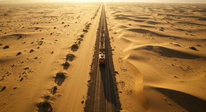 Aerial view of a long train journeying through a vast desert landscape, under a warm, golden sun