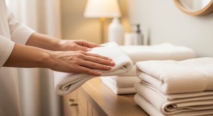 Fototapeta premium A person neatly folds soft, white towels on a wooden surface in a calm, well-lit room.