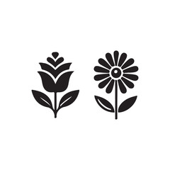 Two stylized black and white flowers, perfect for design elements.This image features two simple, stylized flowers in a solid black color against a white background.