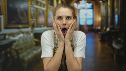 Woman in apron expresses surprise in a museum setting with paintings on the walls.