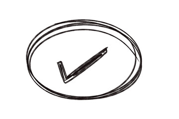 A handdrawn check mark inside a circle is isolated on transparent background