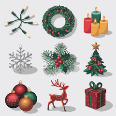 vector Happy New Year Celebrating 2025 in Latin letters , Christmas Decoration Items Santa Claus
