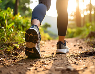 Woman Hiking Trail Sunset Forest.