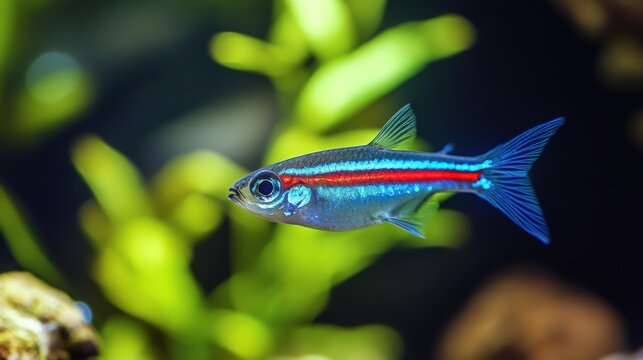 Close-up of a vibrant blue fish with a red stripe.