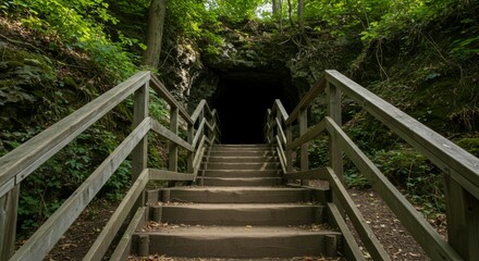 Fototapeta premium Wooden stairs lead to a dark cave entrance. Lush green forest frames the steps